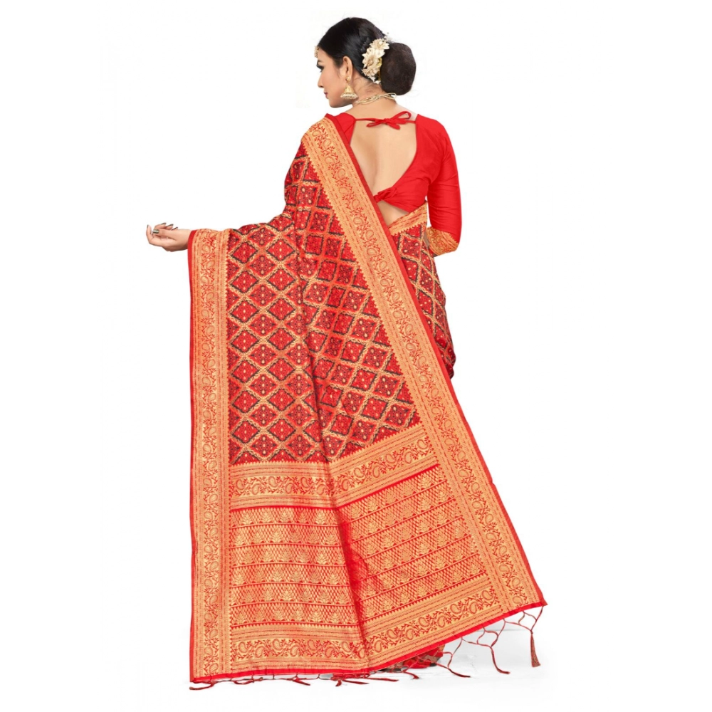 Women's Banarasi silk Saree with Blouse (Red,black, 5-6mtr) - Image 3
