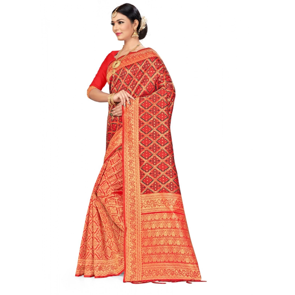 Women's Banarasi silk Saree with Blouse (Red,black, 5-6mtr) - Image 2