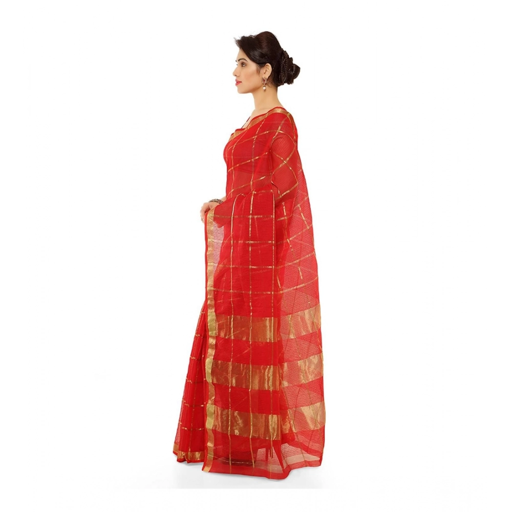 Women's Kota Doria Cotton Saree With Blouse (Red,6-3 Mtrs) - Image 2