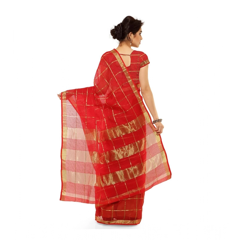 Women's Kota Doria Cotton Saree With Blouse (Red,6-3 Mtrs) - Image 3