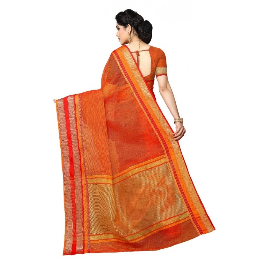 Women's Kota Doria Cotton Border Saree With Blouse (Orange, 5-6 Mtrs) - Image 2