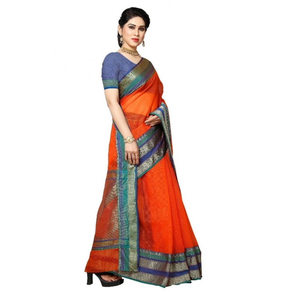 Women's Kota Doria Cotton Border Saree With Blouse (Fanta, 5-6 Mtrs) - Image 4