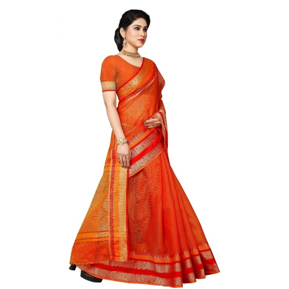 Women's Kota Doria Cotton Border Saree With Blouse (Orange, 5-6 Mtrs) - Image 3
