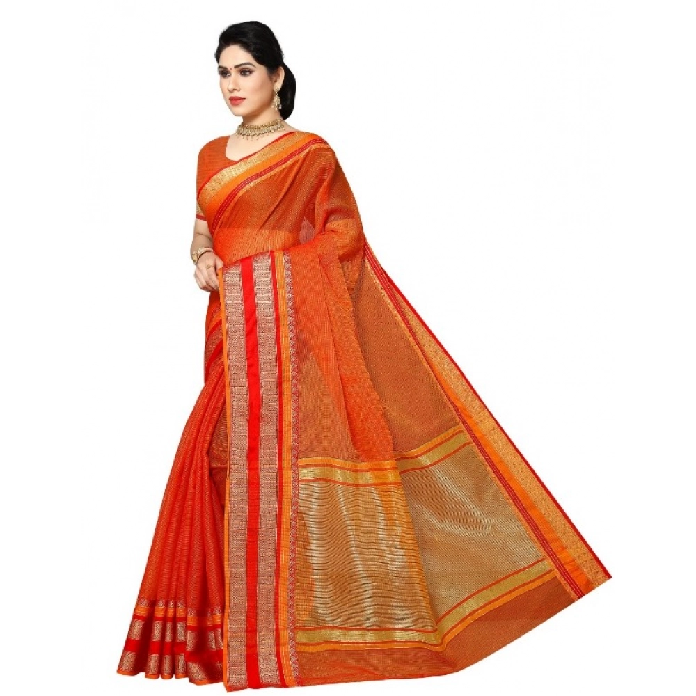 Women's Kota Doria Cotton Border Saree With Blouse (Orange, 5-6 Mtrs) - Image 4