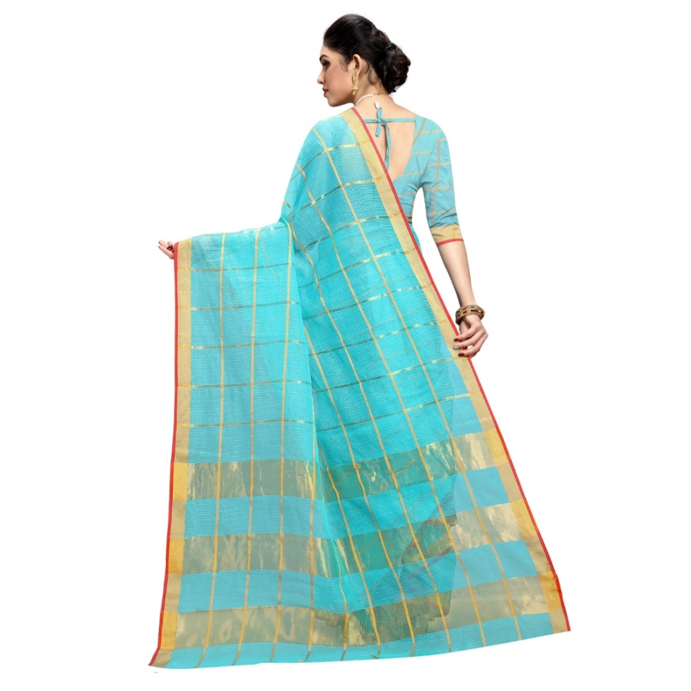 Women's Kota Doria Cotton Checked Saree With Blouse (Sky Blue, 5-6 Mtrs) - Image 5