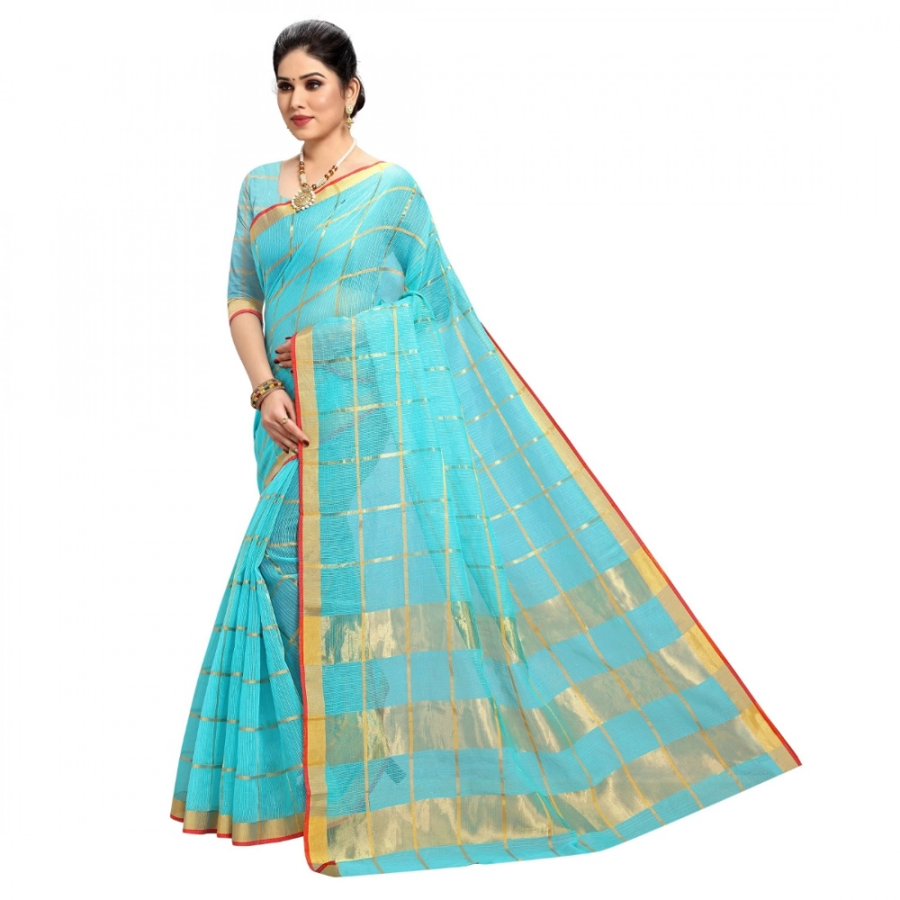 Women's Kota Doria Cotton Checked Saree With Blouse (Sky Blue, 5-6 Mtrs) - Image 3