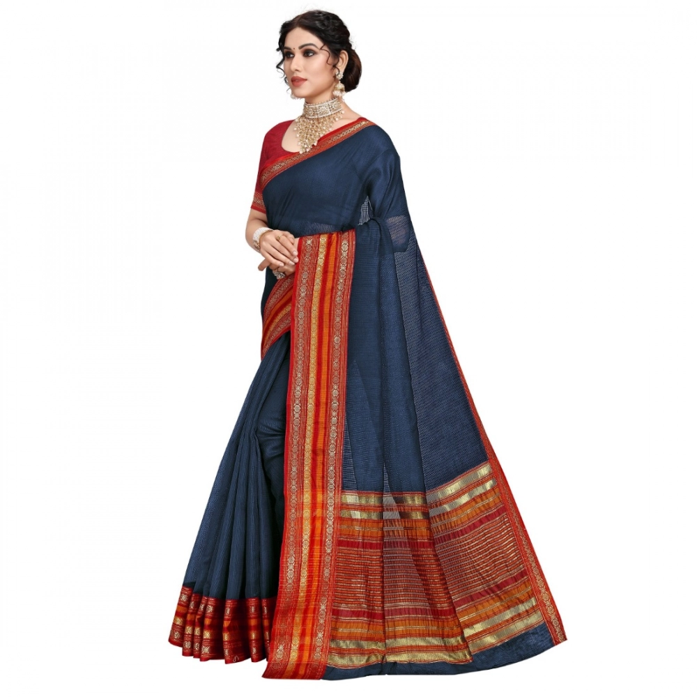 Women's Kota Doria Cotton Bordered Saree With Blouse (Navy Blue, 5-6 Mtrs) - Image 3
