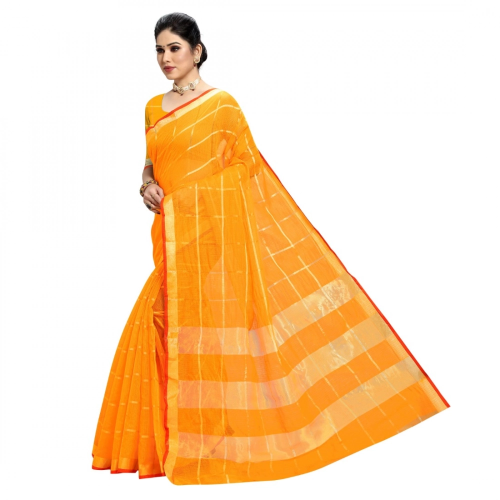 Women's Kota Doria Cotton Checked Saree With Blouse (Yellow, 5-6 Mtrs) - Image 3