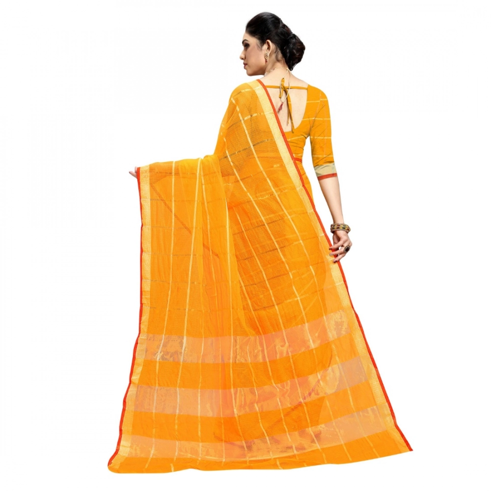 Women's Kota Doria Cotton Checked Saree With Blouse (Yellow, 5-6 Mtrs) - Image 5