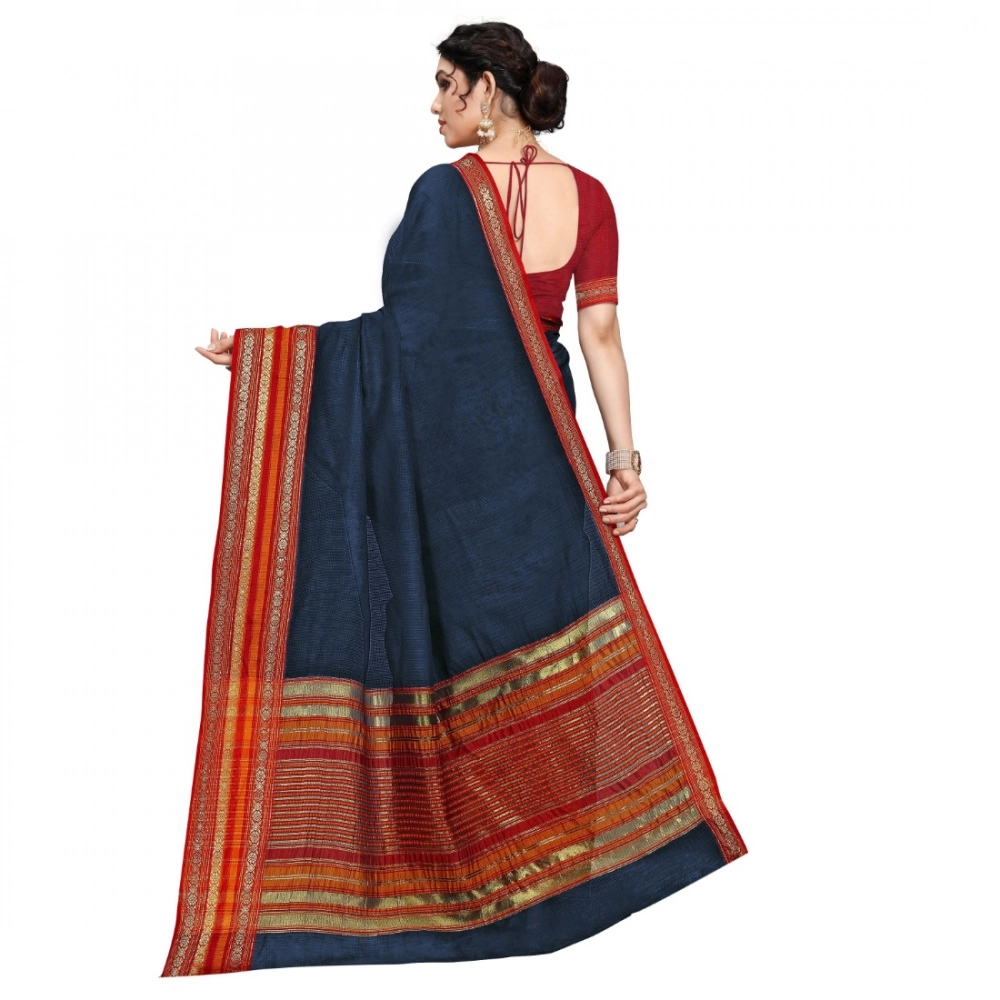Women's Kota Doria Cotton Bordered Saree With Blouse (Navy Blue, 5-6 Mtrs) - Image 4