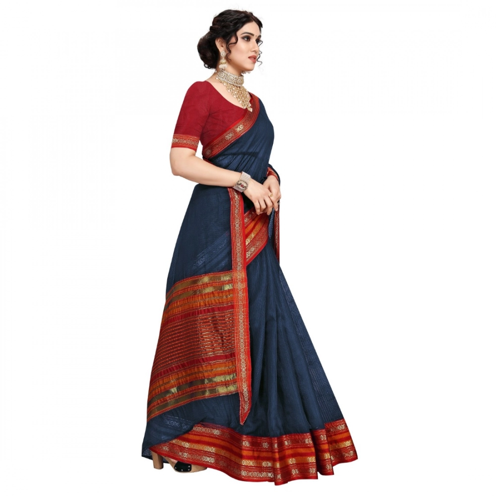 Women's Kota Doria Cotton Bordered Saree With Blouse (Navy Blue, 5-6 Mtrs) - Image 2