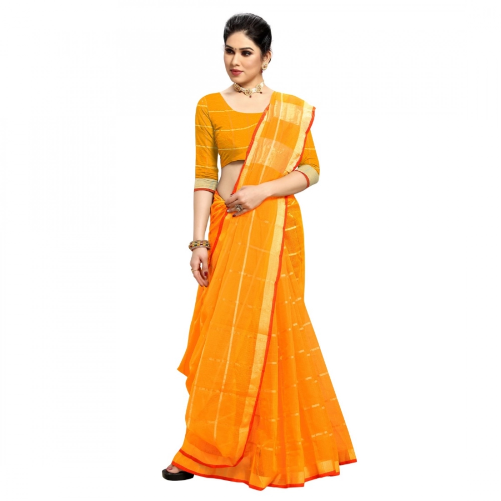 Women's Kota Doria Cotton Checked Saree With Blouse (Yellow, 5-6 Mtrs) - Image 4