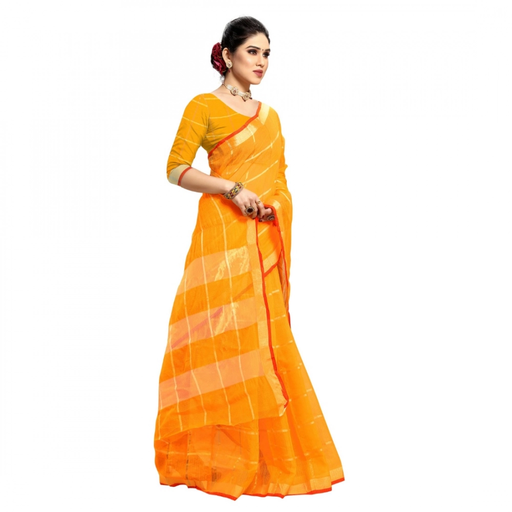 Women's Kota Doria Cotton Checked Saree With Blouse (Yellow, 5-6 Mtrs) - Image 2