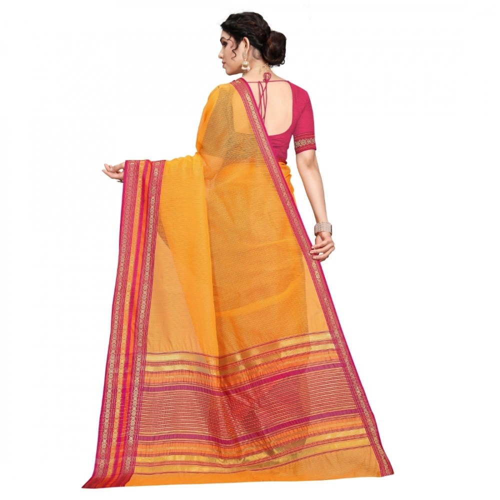Women's Kota Doria Cotton Bordered Saree With Blouse (Gold, 5-6 Mtrs) - Image 4