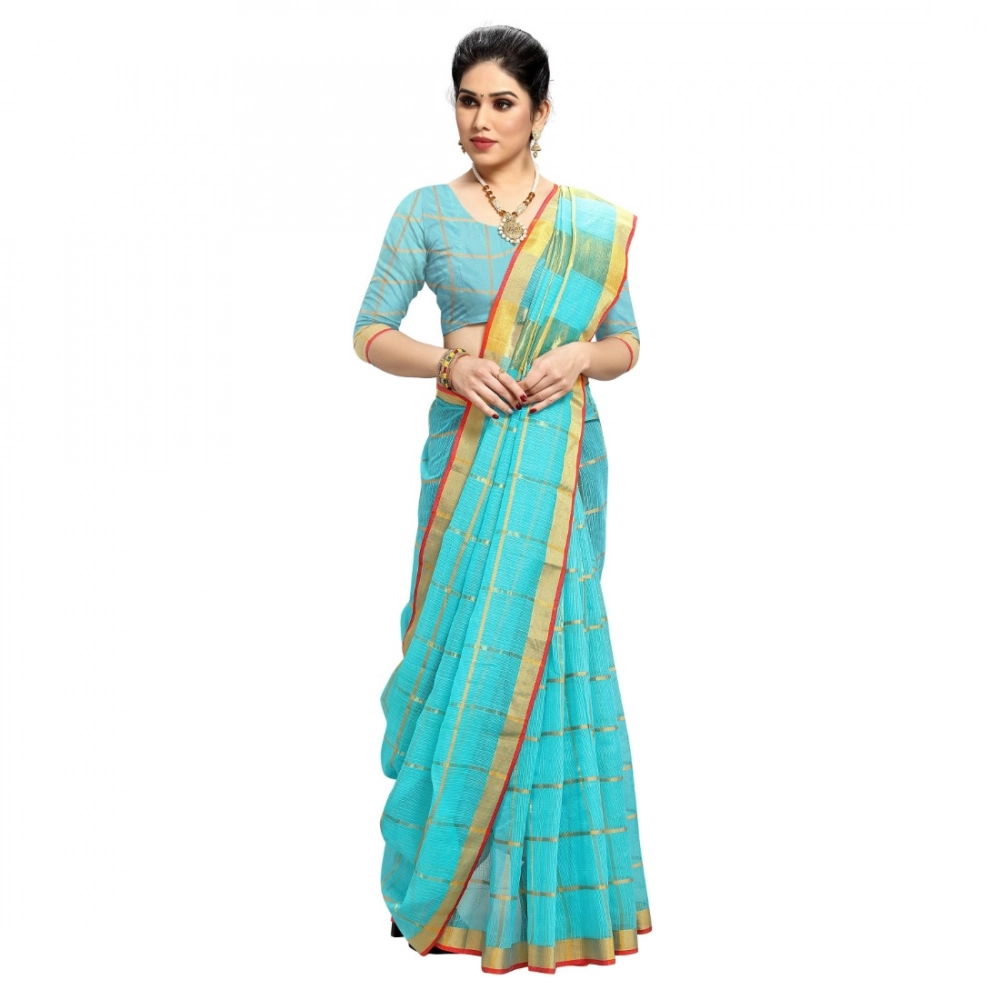 Women's Kota Doria Cotton Checked Saree With Blouse (Sky Blue, 5-6 Mtrs) - Image 4