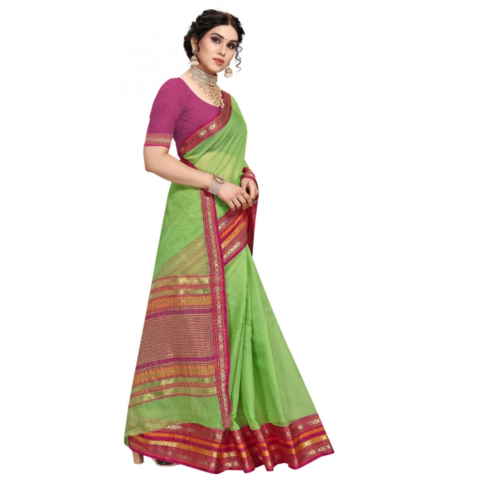 Women's Kota Doria Cotton Bordered Saree With Blouse (Light Green, 5-6 Mtrs) - Image 2
