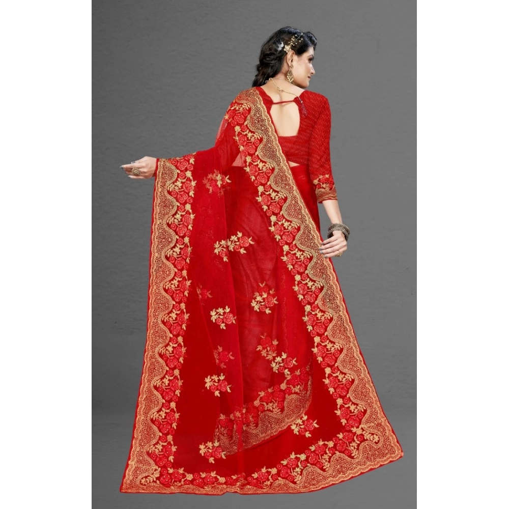 Women's Net Saree With Blouse (Red, 5-6Mtrs) - Image 5