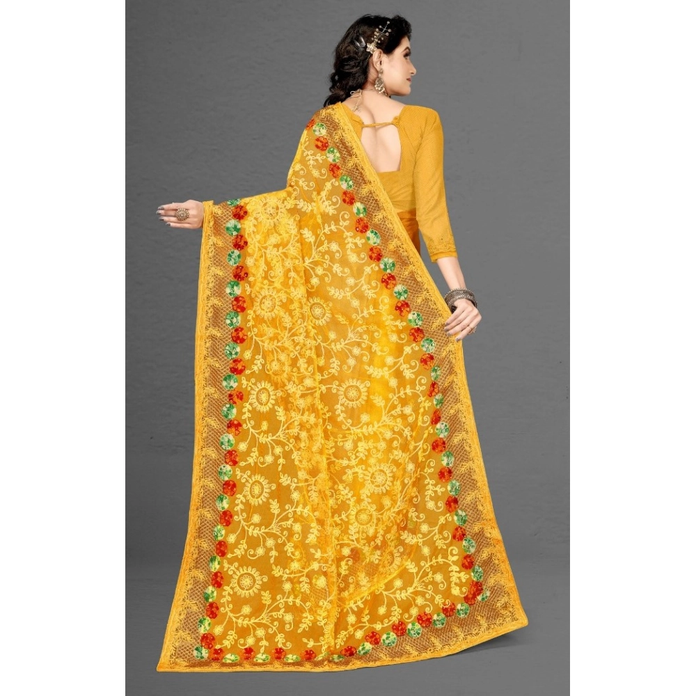 Women's Net Saree With Blouse (Yellow, 5-6Mtrs) - Image 5