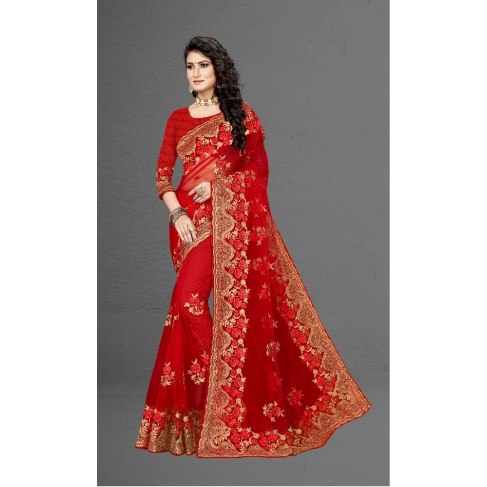 Women's Net Saree With Blouse (Red, 5-6Mtrs) - Image 2