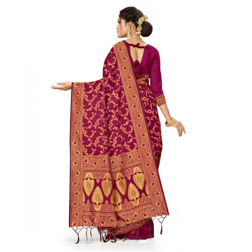 Women's Banarasi Silk Saree With Blouse (Wine, 5-6Mtrs) - Image 3