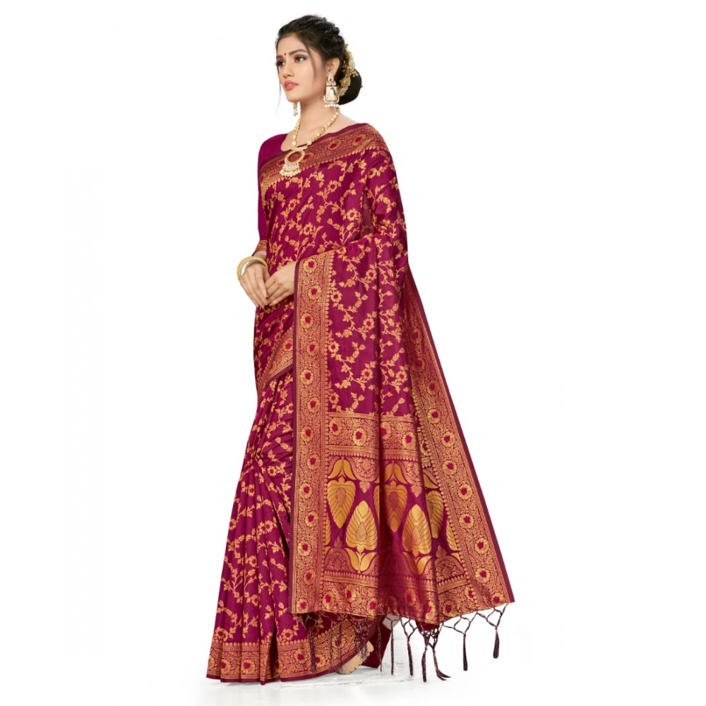 Women's Banarasi Silk Saree With Blouse (Wine, 5-6Mtrs) - Image 2