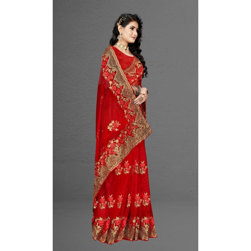 Women's Net Saree With Blouse (Red, 5-6Mtrs) - Image 4