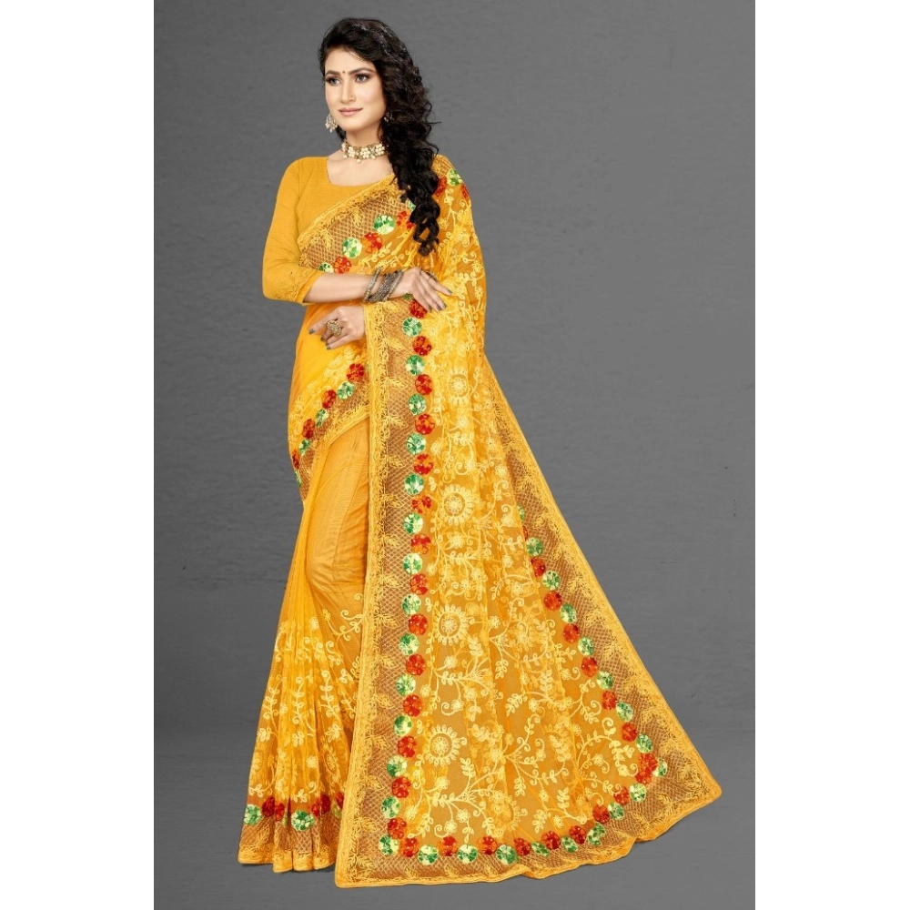 Women's Net Saree With Blouse (Yellow, 5-6Mtrs) - Image 2