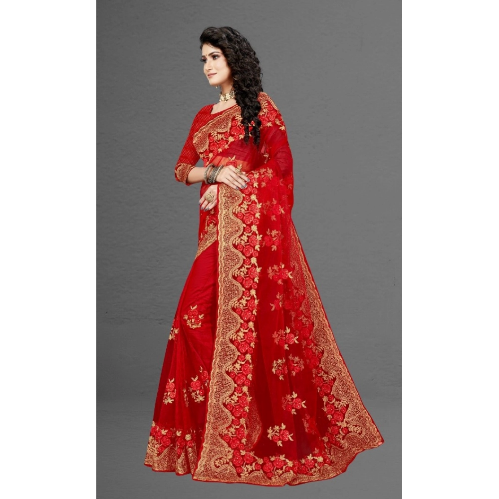 Women's Net Saree With Blouse (Red, 5-6Mtrs) - Image 3