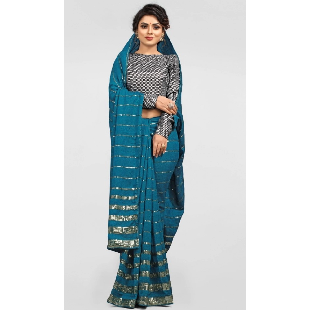 Women's Vichitra Saree with Blouse (Rama, 5-6 Mtrs) - Image 2