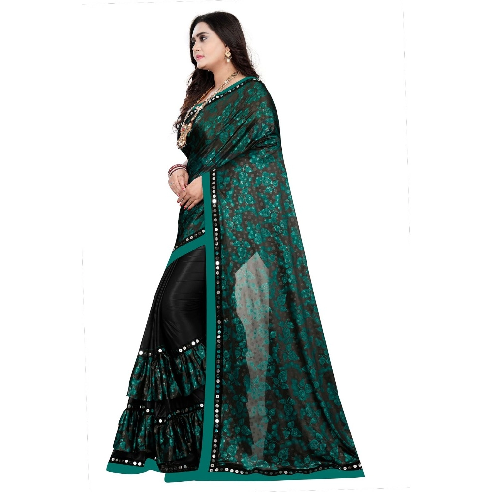 Women's Lycra Blend Saree with Blouse (Green, 5-6 Mtrs) - Image 2