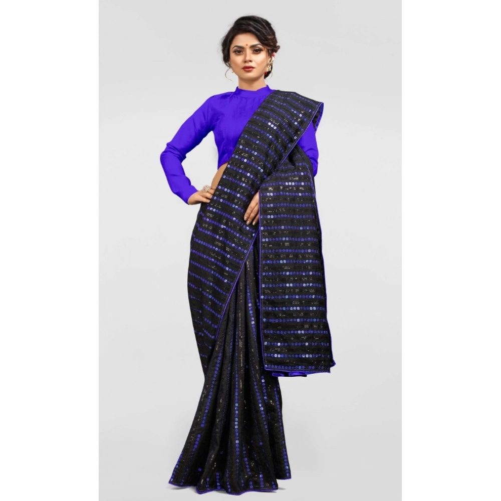 Women's Vichitra Saree with Blouse (Blue, 5-6 Mtrs) - Image 2