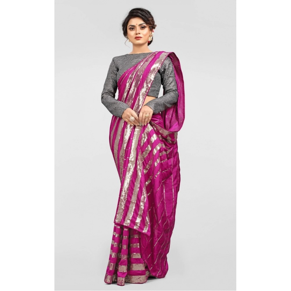Women's Vichitra Saree with Blouse (Pink, 5-6 Mtrs) - Image 2