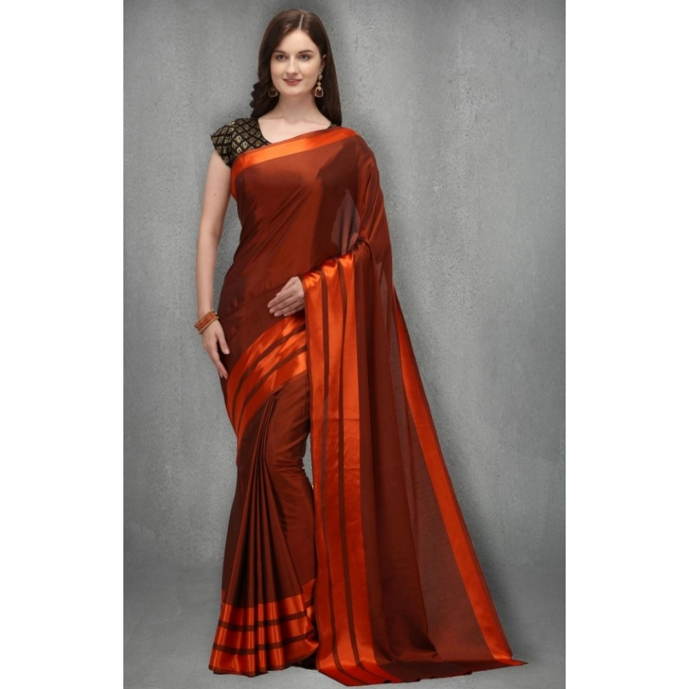 Women's Satin Silk Saree with Blouse (Orange, 5-6 Mtrs) - Image 2