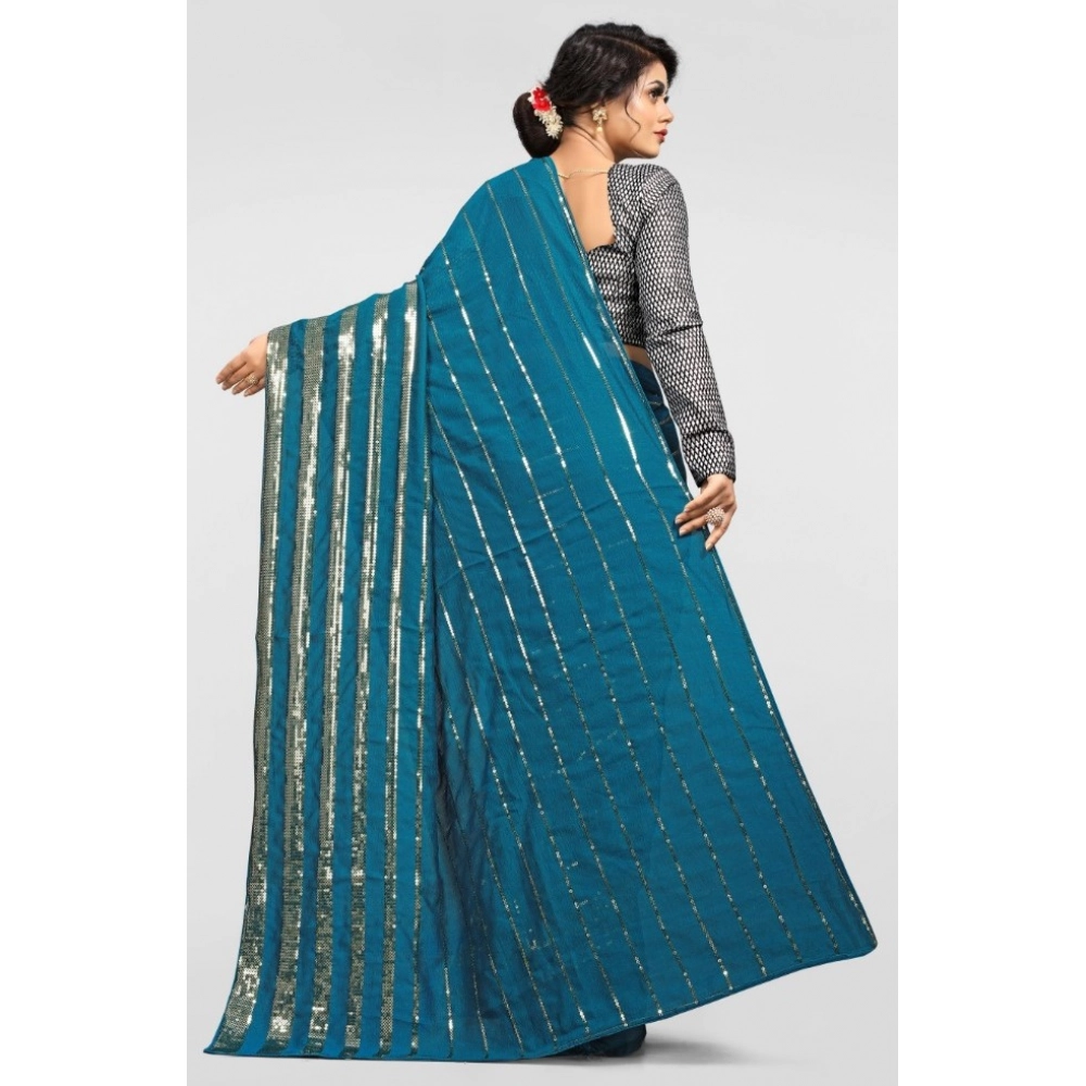Women's Vichitra Saree with Blouse (Rama, 5-6 Mtrs) - Image 4