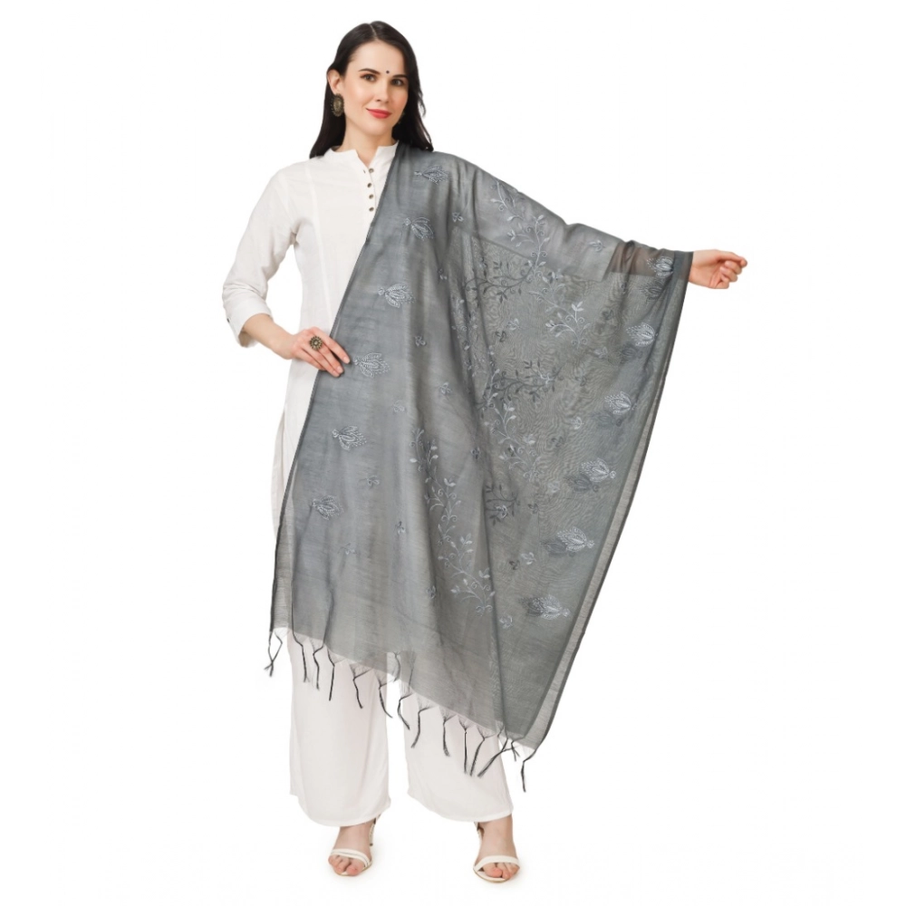 Women's Cotton Embroidered Dupatta (Grey, Length: 2.25 to 2.50 Mtr)