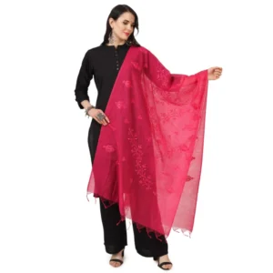 Women's Cotton Embroidered Dupatta (Maroon, Length: 2.25 to 2.50 Mtr)