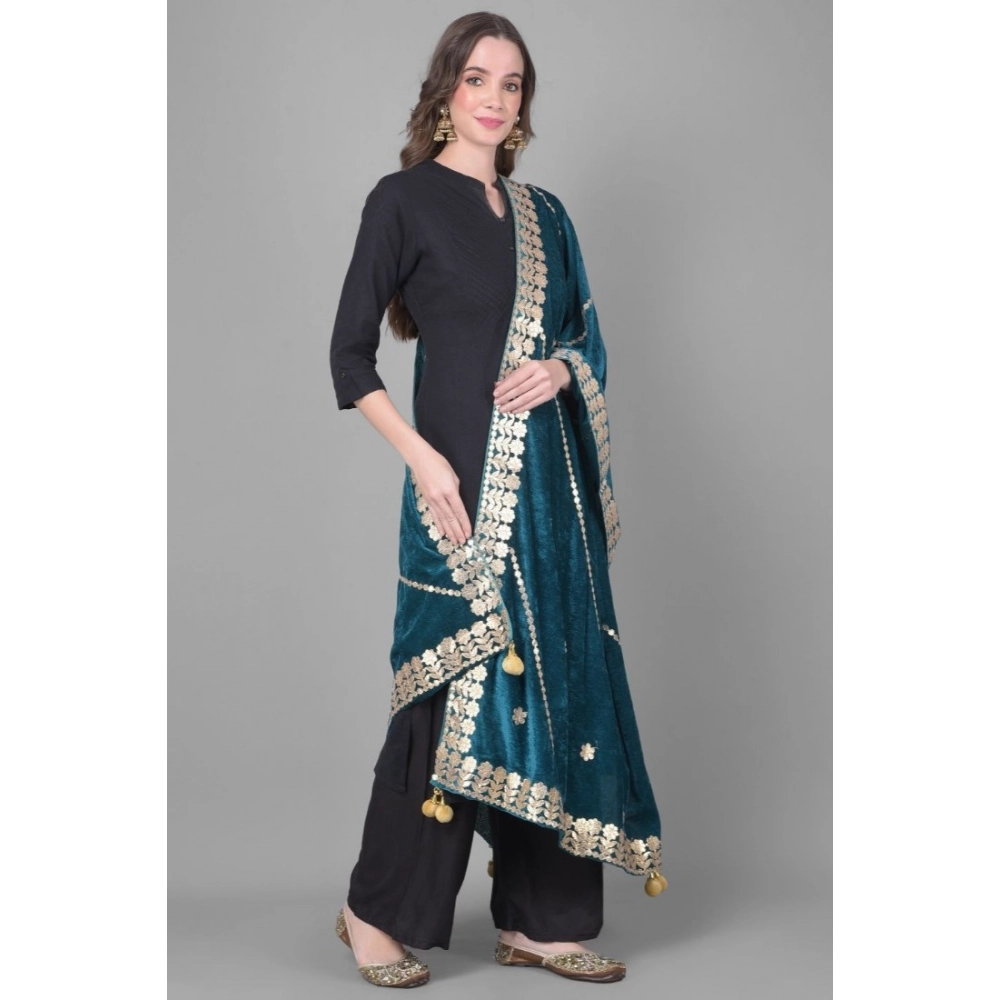 Women's Velvet Gotta Patti Dupatta (Teal, Length: 2.25 to 2.50 Mtr) - Image 3