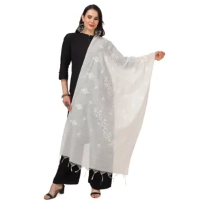Women's Cotton Embroidered Dupatta (White, Length: 2.25 to 2.50 Mtr)