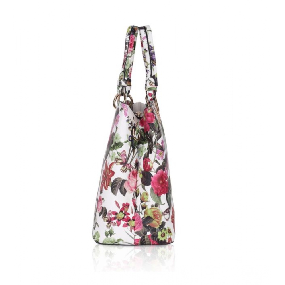 Women's Faux Leather Printed Handheld Bag (White Pink) - Image 3