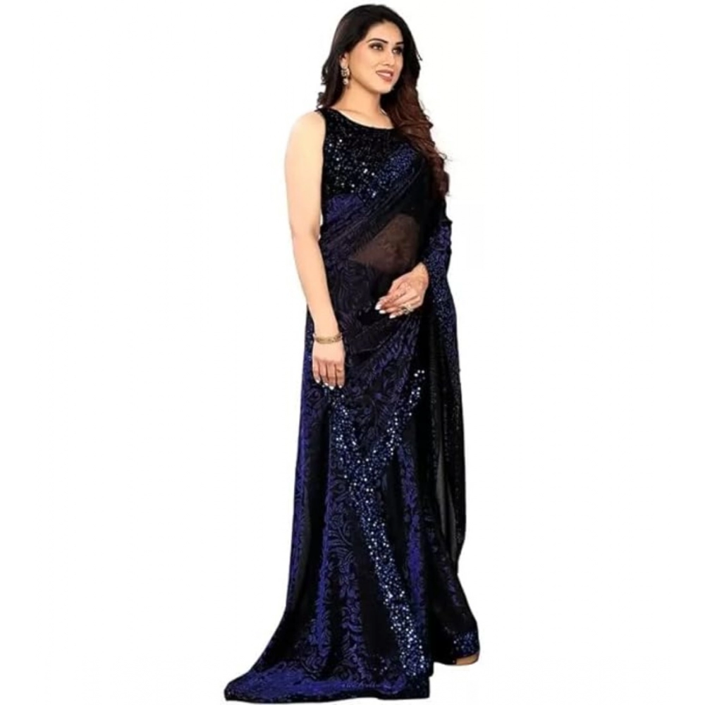 Women's Lycra Floral Saree With Unstitched Blouse (Blue, 5.5 Mtr) - Image 2