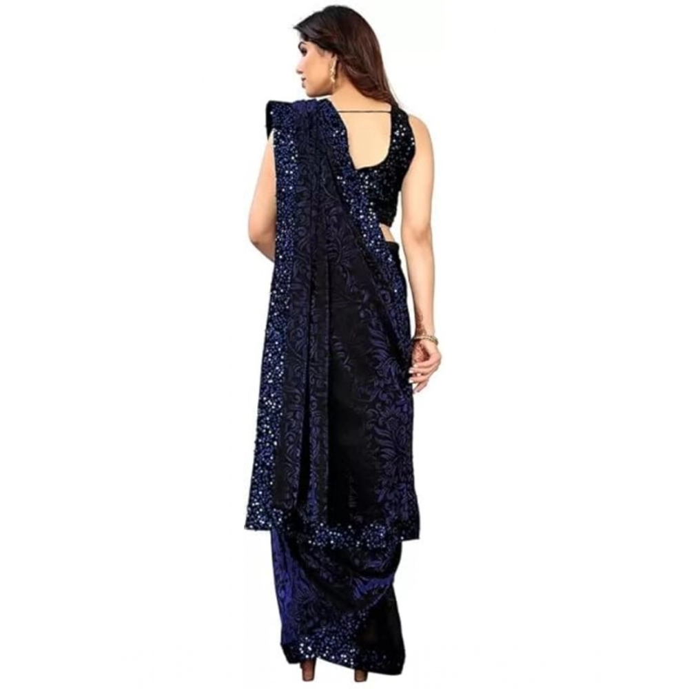 Women's Lycra Floral Saree With Unstitched Blouse (Blue, 5.5 Mtr) - Image 4