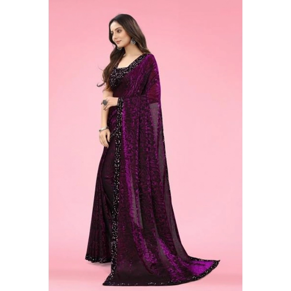 Women's Lycra Floral Saree With Unstitched Blouse (Wine, 5.5 Mtr) - Image 3