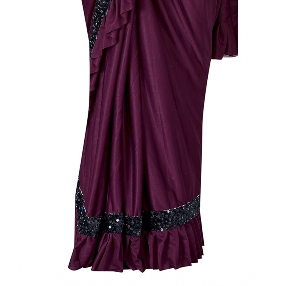 Women's Lycra Solid Saree With Unstitched Blouse (Wine, 5.5 Mtr) - Image 3