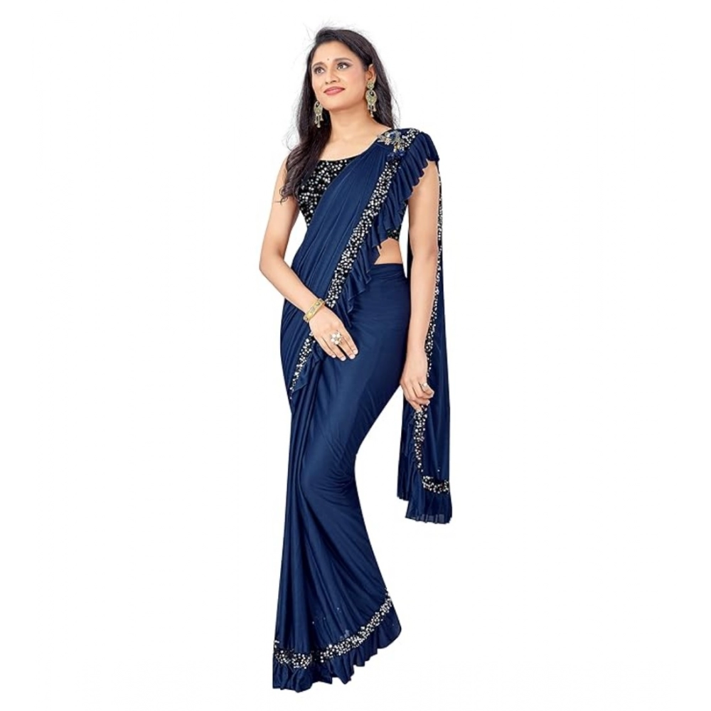Women's Lycra Solid Saree With Unstitched Blouse (Nay Blue, 5.5 Mtr) - Image 2