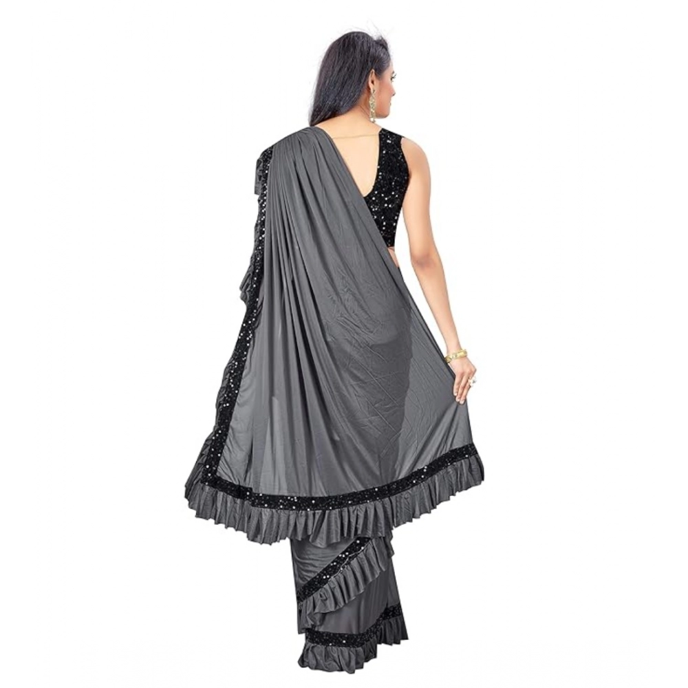 Women's Lycra Solid Saree With Unstitched Blouse (Grey, 5.5 Mtr) - Image 2