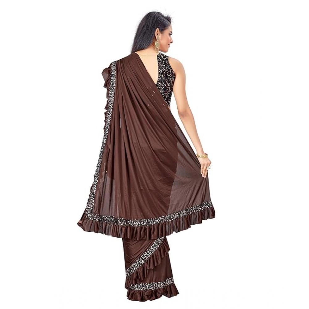 Women's Lycra Solid Saree With Unstitched Blouse (Brown, 5.5 Mtr) - Image 2