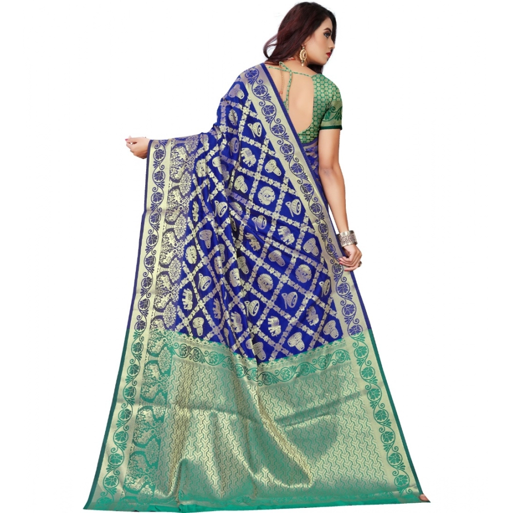 Women's Jacquard Woven Saree With Unstitched Blouse 5.5Mtr (Blue) - Image 2