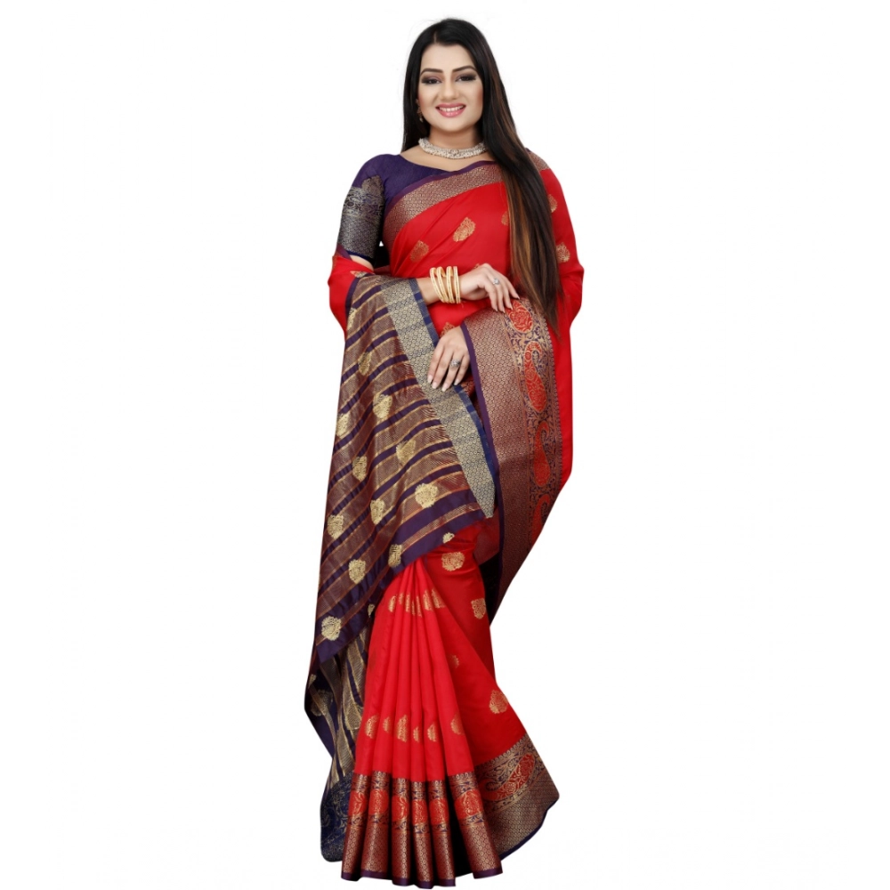 Women's Silk Blend Woven Saree With Unstitched Blouse 5.5Mtr (Purple-Red) - Image 3