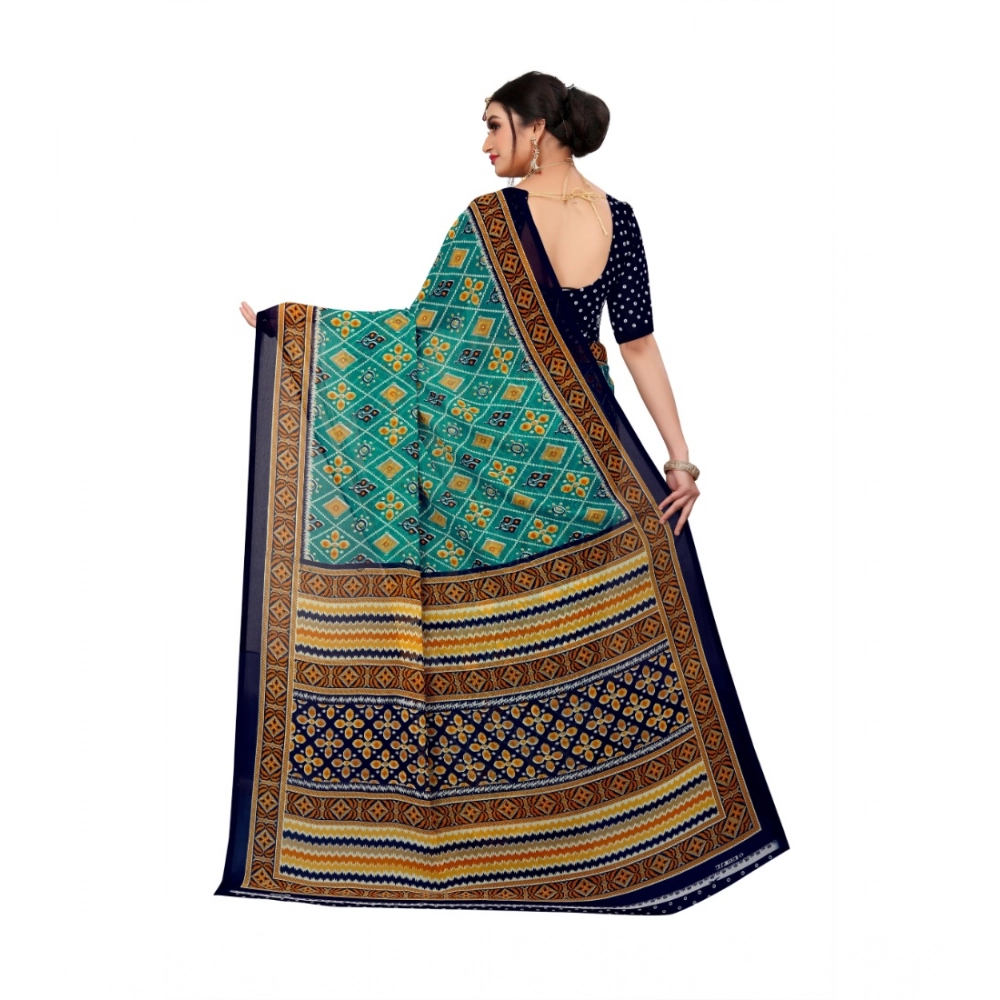 Women's Georgette Floral Print Saree With Unstitched Blouse 5.5Mtr (Dark Green) - Image 2