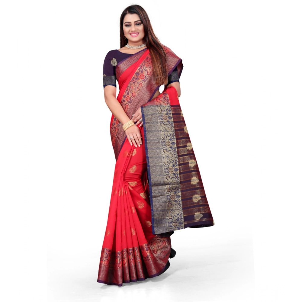 Women's Silk Blend Woven Saree With Unstitched Blouse 5.5Mtr (Red) - Image 3